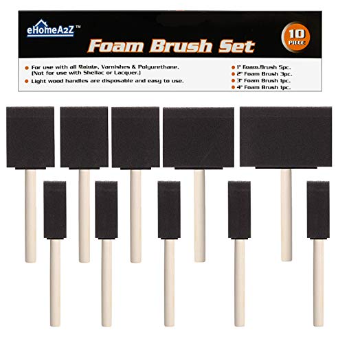 eHomeA2Z Foam Paint Brushes 10 Pack Lightweight, Great for Acrylics, Stains, Varnishes, Crafts, Art,...