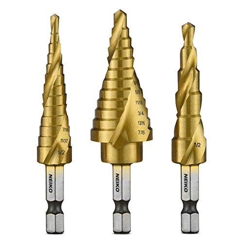 Neiko 10181A Quick Change HSS Titanium Coated Spiral Grooved Step Drill Bit 3-Piece Set | 31 Step...