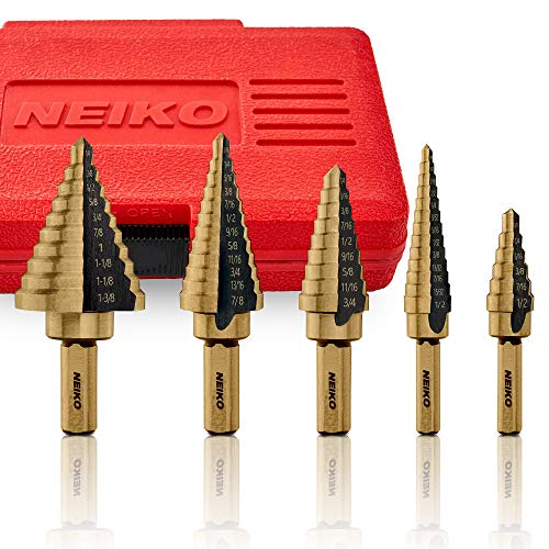 NEIKO 10197A Step Drill Bit Set | 5 Piece, 50 SAE Sizes Total, 1/8” – 1-3/8” | Standard...