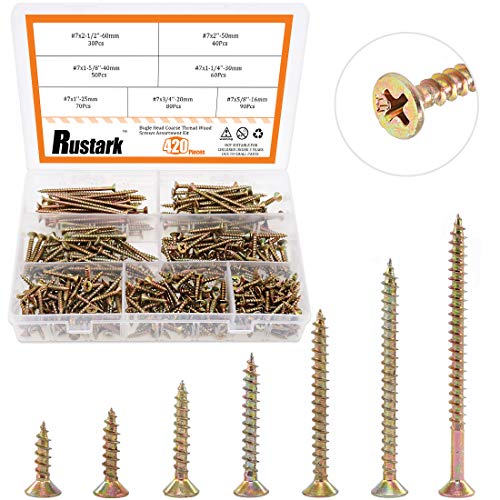 Rustark 420 Pcs [#7 5/8'' to 2-1/2''] Zinc Plated Coarse Thread Phillips Drywall Screws with Bugle...