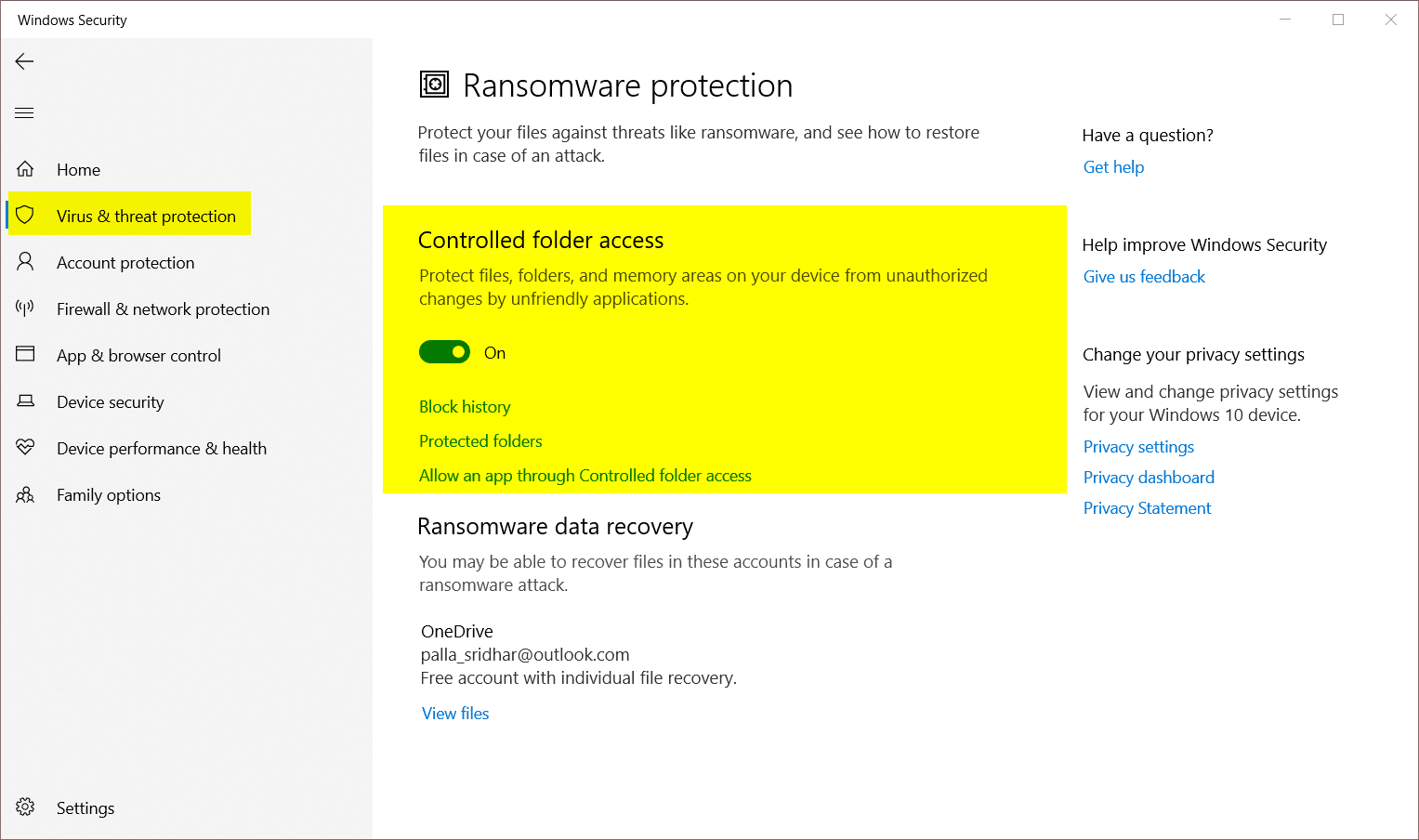 Add Protected Folders Windows 10