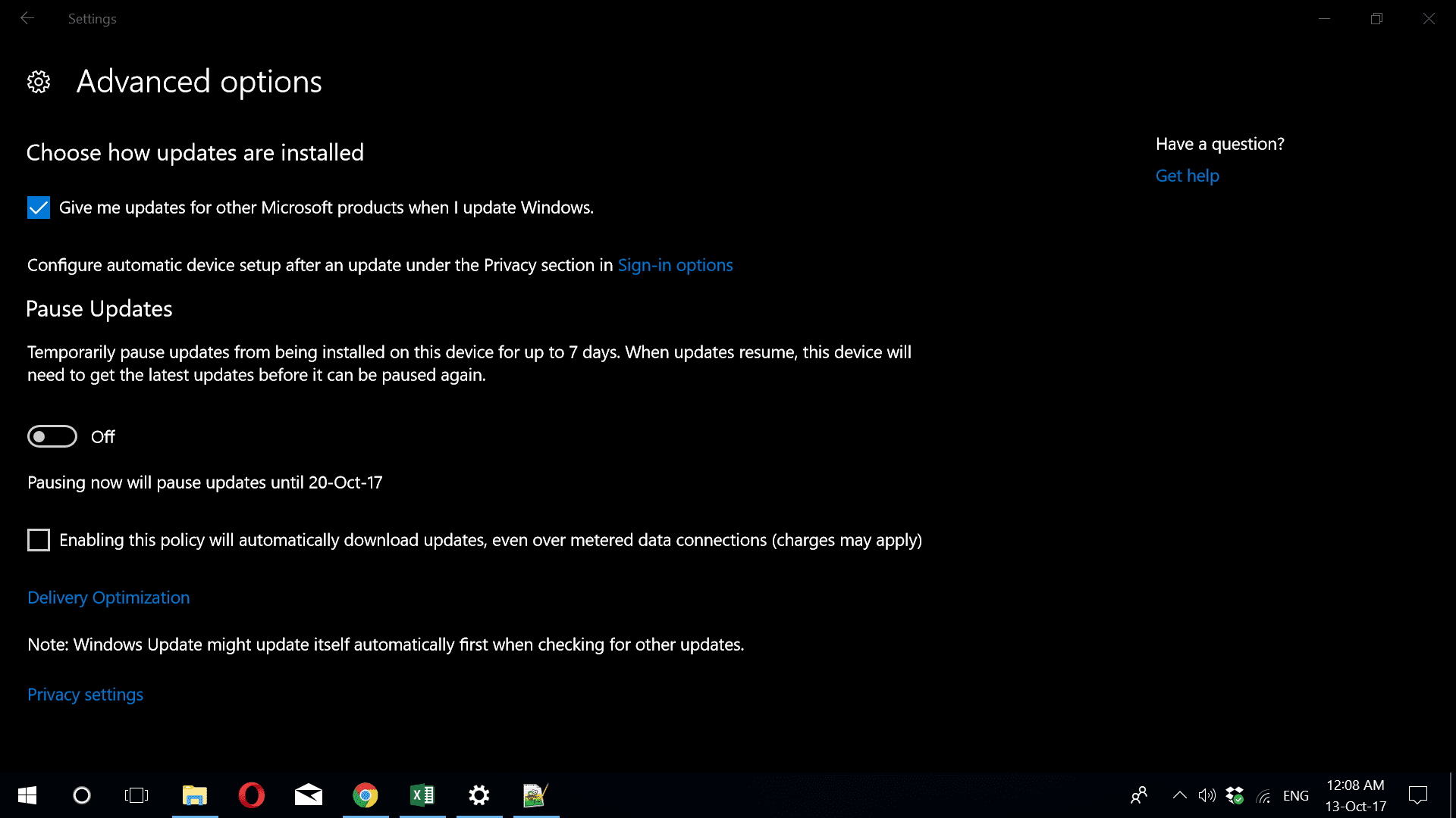 Advanced Options Windows Update 1709