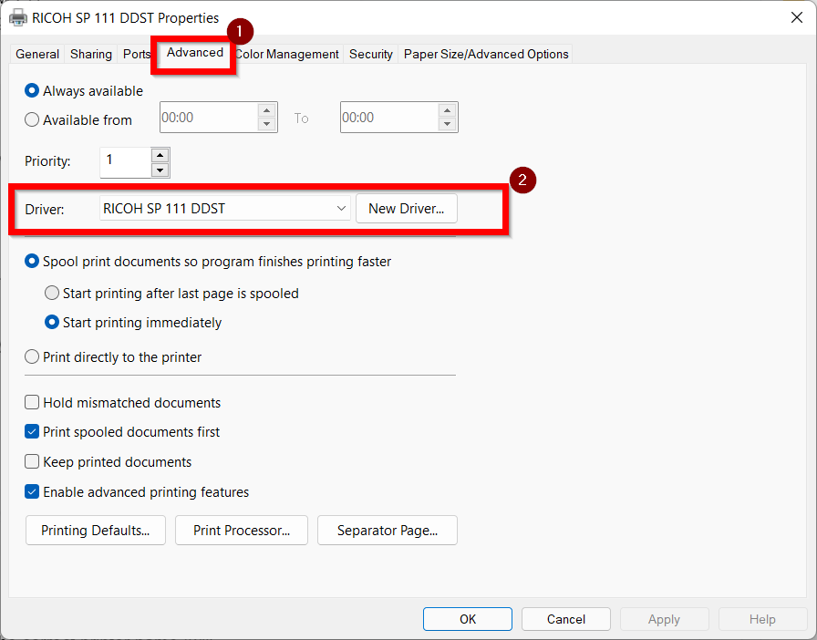 Advanced Printer Properties Win 11