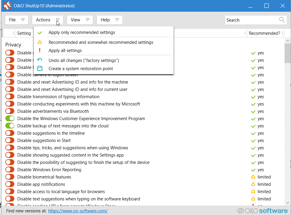 Apply Recommended Settings Shutup 10 Windows 10