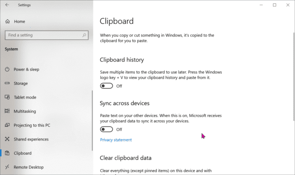 Clipboard History Windows 10 System Setting