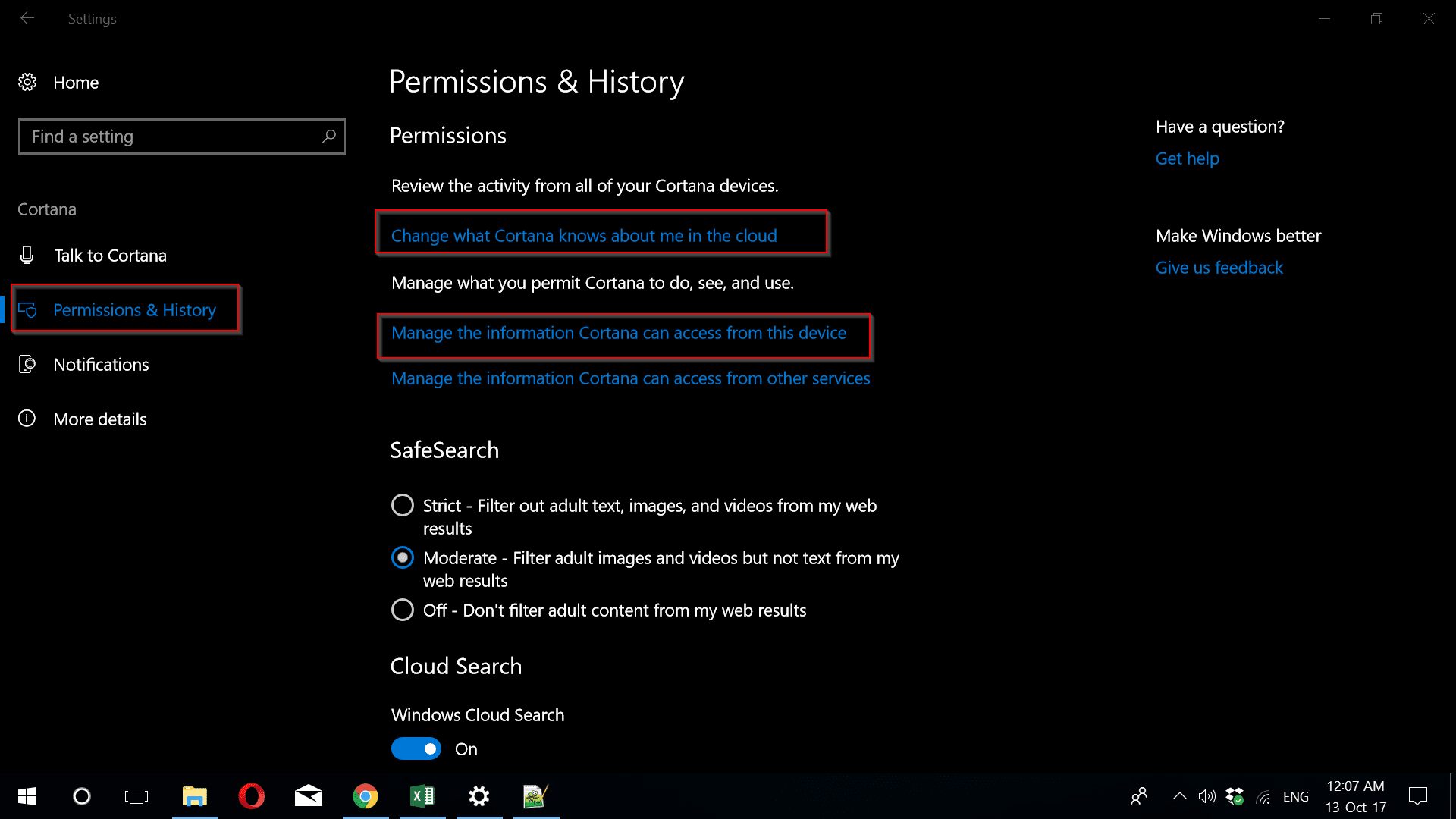 Cortana Permissions And History Windows 10 1709