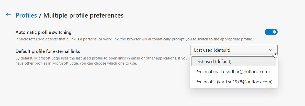 Default Profile For External Links Edge Browser
