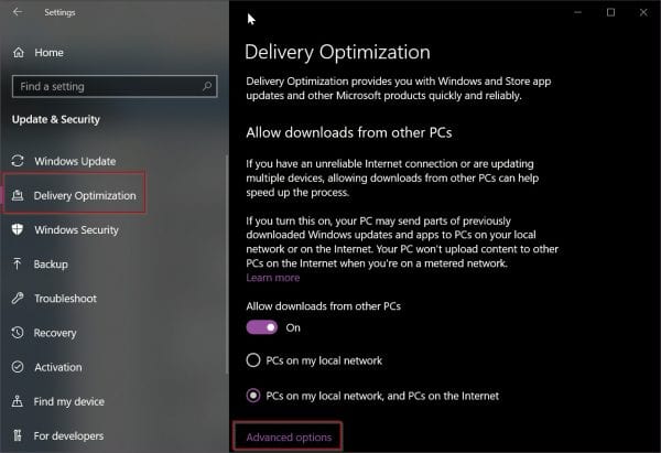 Delivery Optimization Settings Windows 10