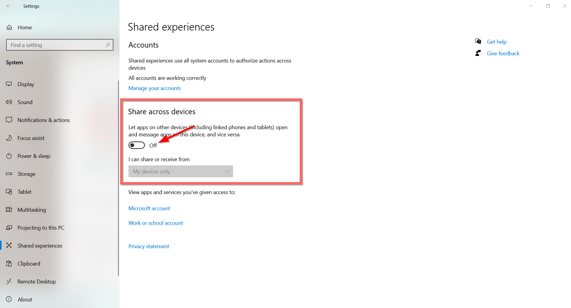 Disable Shared Experiences Windows 10