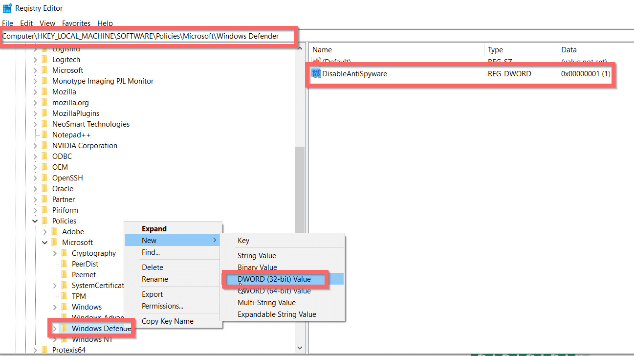 Disable Windows Defender Using Registry Settings