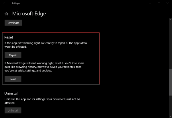 Edge App Advanced Options Repair Reset Windows 10