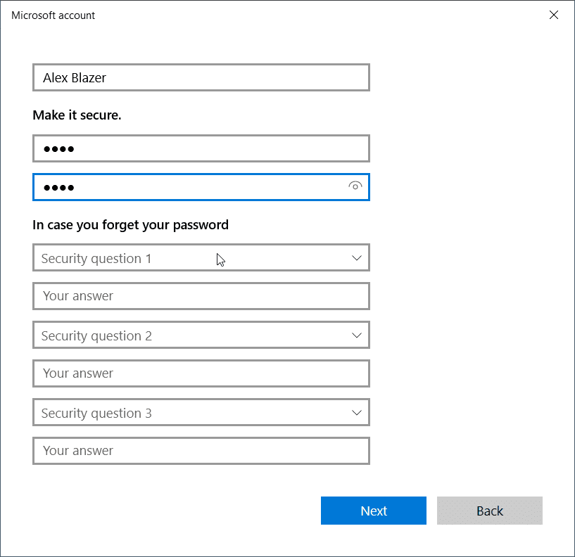 Enter Hint Create User Info Windows 10