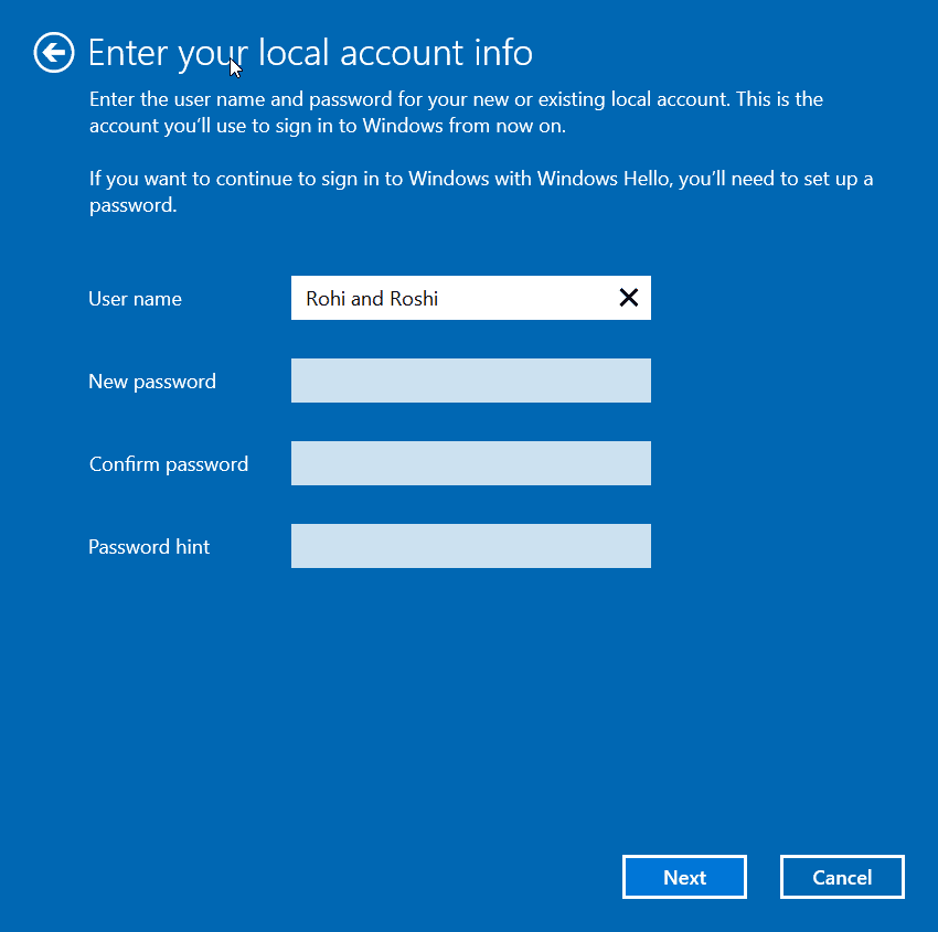 Enter Local Account Info Windows 10