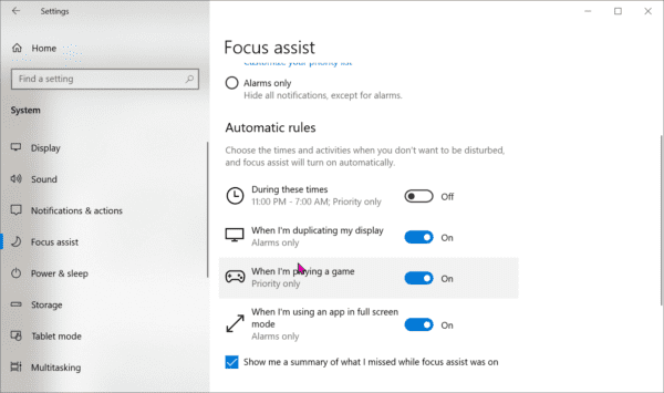 Focus Assist Options Windows 10 1909