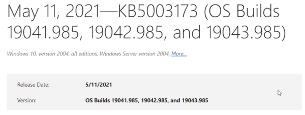 Kb5003173 Cumulative Update