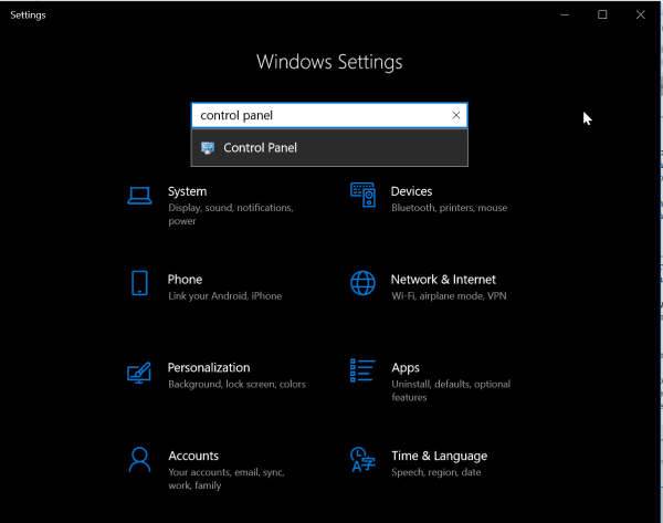 Launch Control Panel Windows 10 Settings