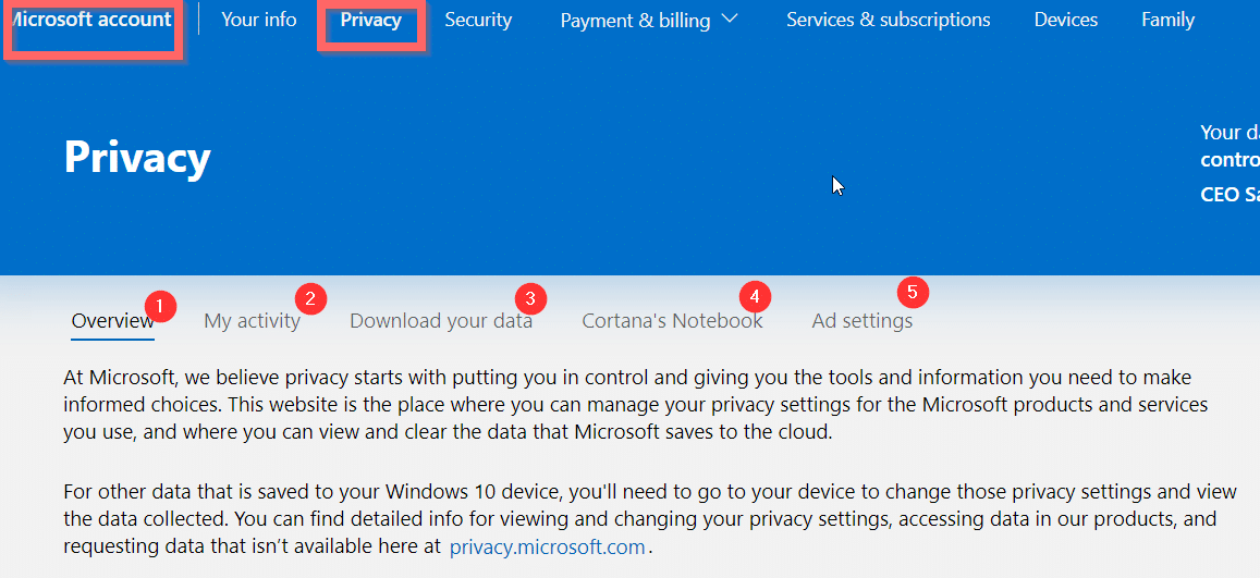 Microsoft Account Privacy Clear Data