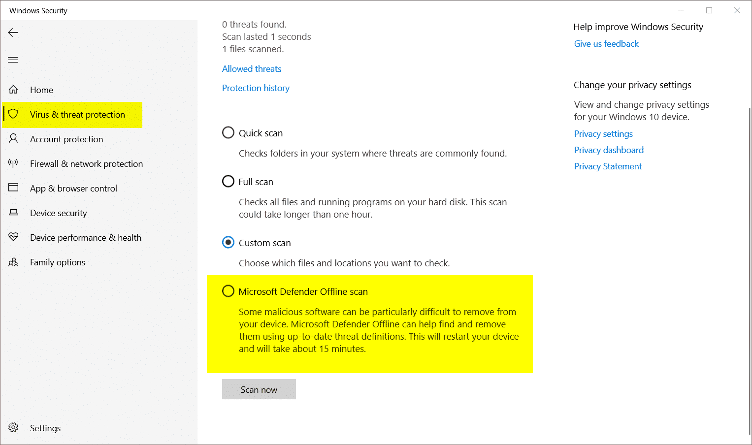 Microsoft Defender Offline Scan Windows 10