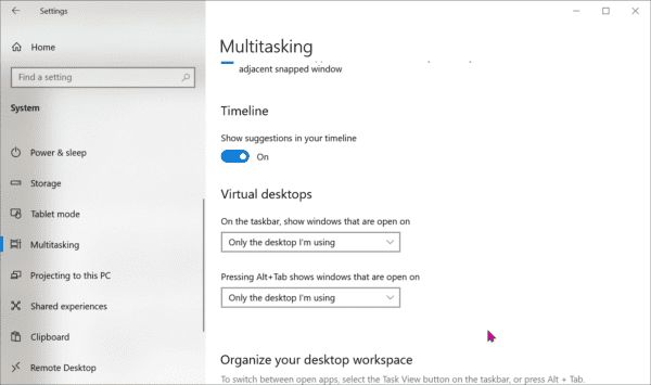 Multitasking System Setting Windows 10