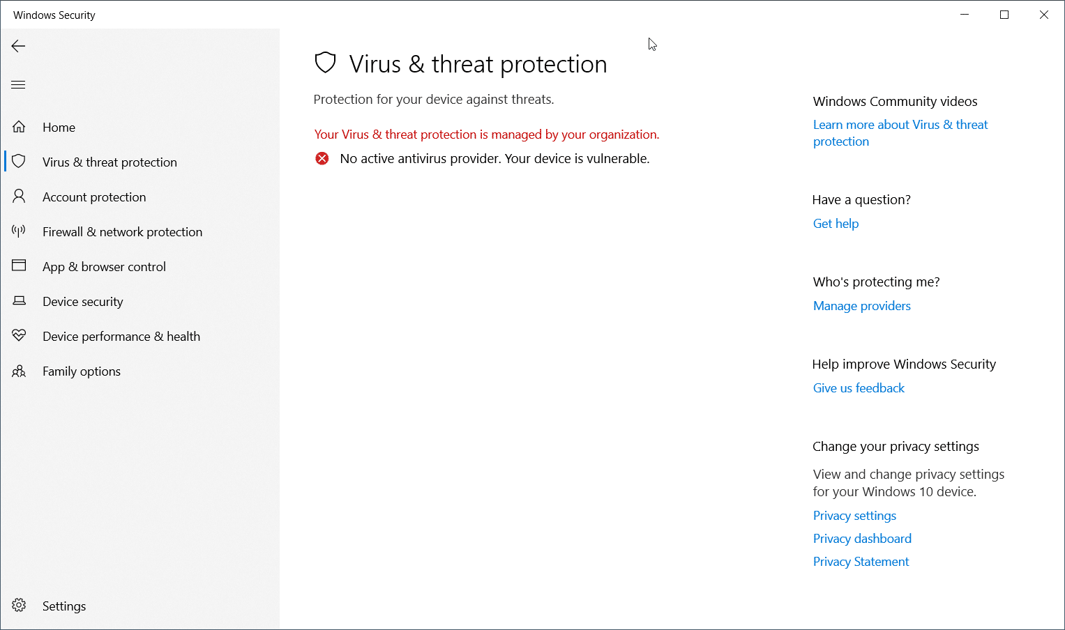 No Active Virus Protection Windows 10