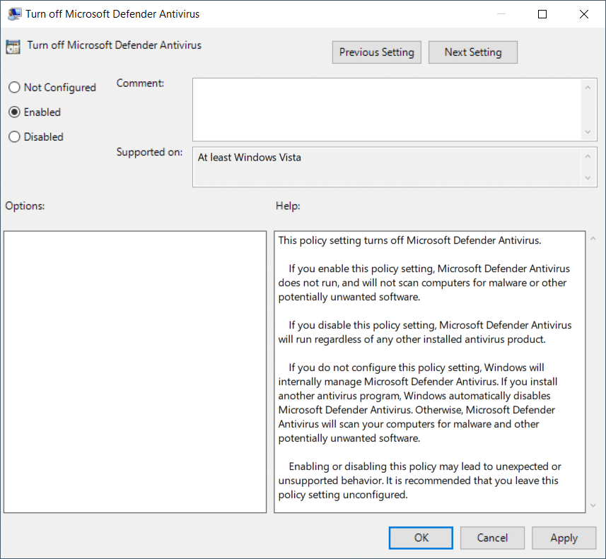 Permanently Disable Microsoft Defender Windows 10