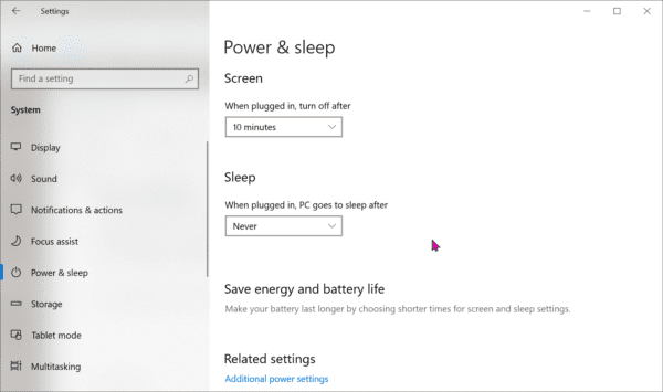 Power And Sleep System Setting Windows 10