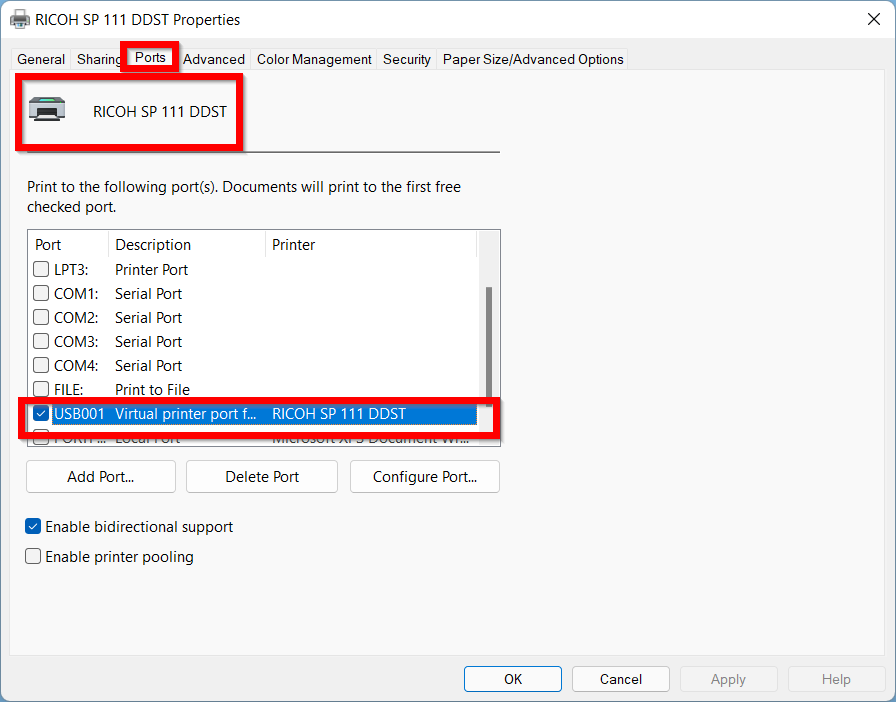 Printer Port Properties