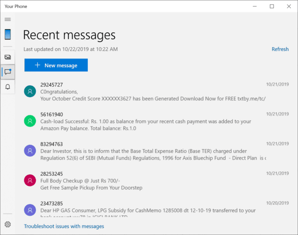 Recent Messages Your Phone App Windows 10 Desktop