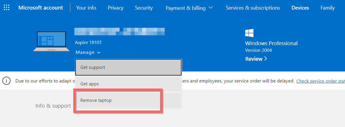 Remove Device Microsoft Account