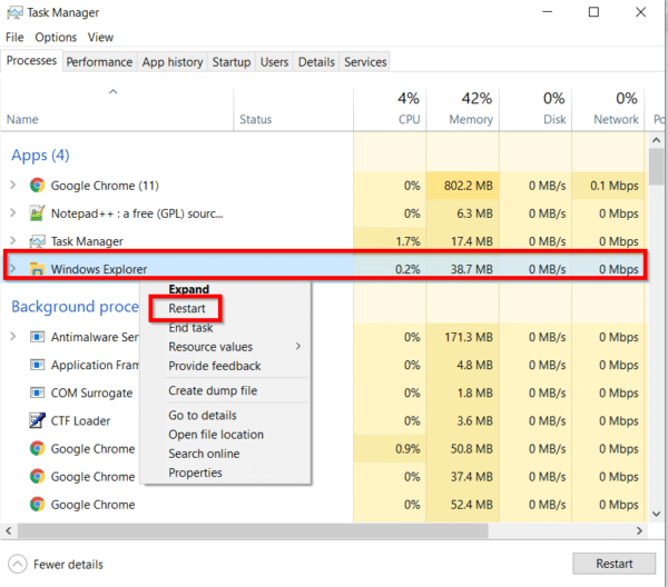 Restart File Explorer Windows 10