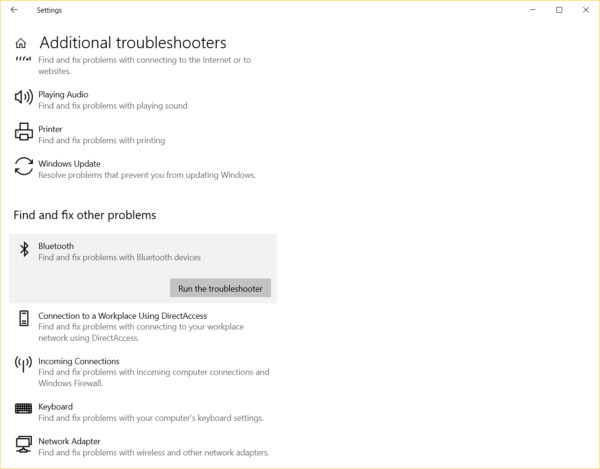 Run Bluetooth Troubleshooter Windows 10