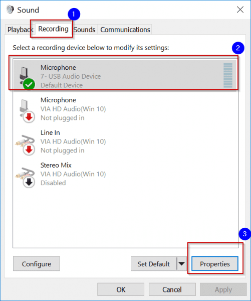 Select Default Mic Recording Tab Sound Windows 10