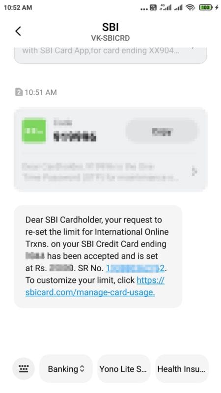 Sms Message Set Transaction Limit Sbi Card