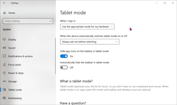 Tablet Mode System Setting Windows 10