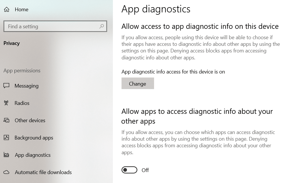 Turn Off App Diagnostic Information Sharing Windows 10