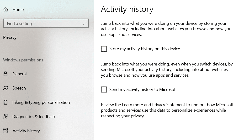 Turn Off Device Activity History Windows 10