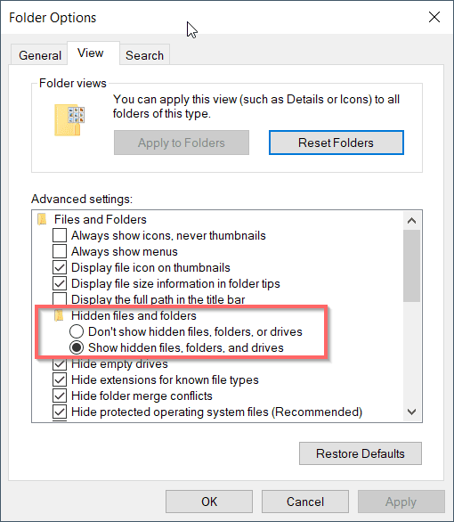 View Hidden Files Folder Options Windows 10