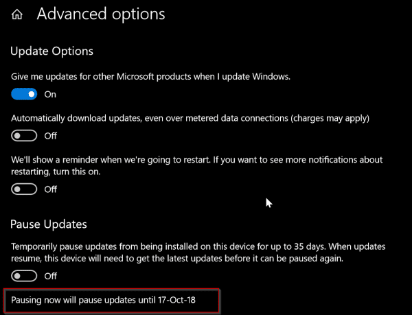 Win 10 Pause 1809 Upgrade