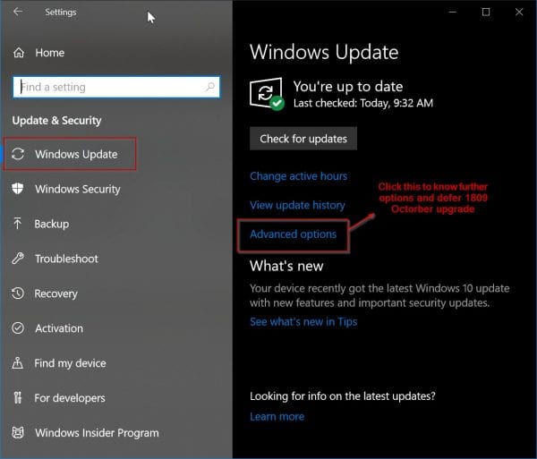 Win 10 Update Security Settings Advanced Options