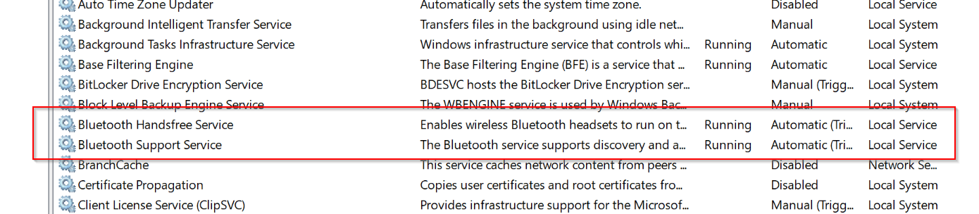 Windows 10 Bluetooth Services
