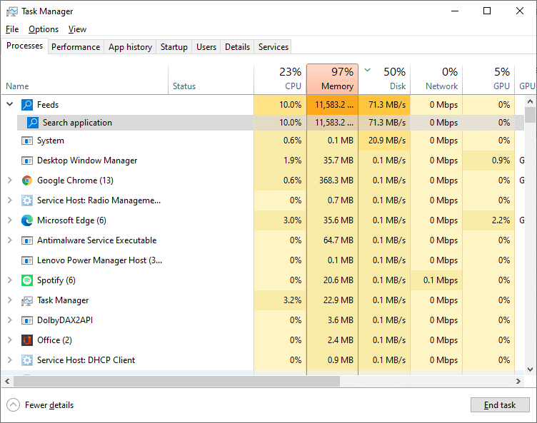 Windows 10 Feeds High Memory Usage