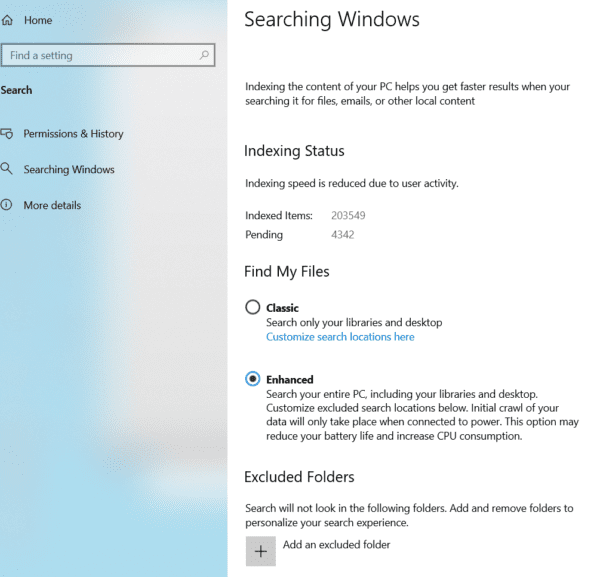Windows 10 Indexing Options
