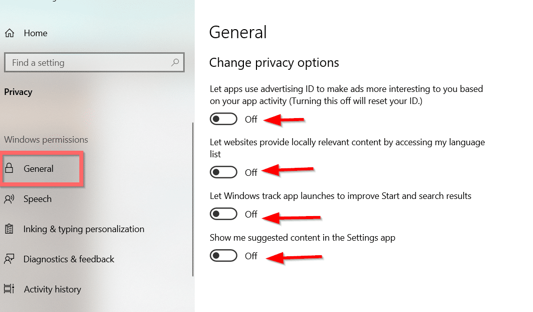 Windows 10 Privacy Settings General