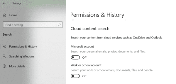 Windows 10 Search Options Cloud Content