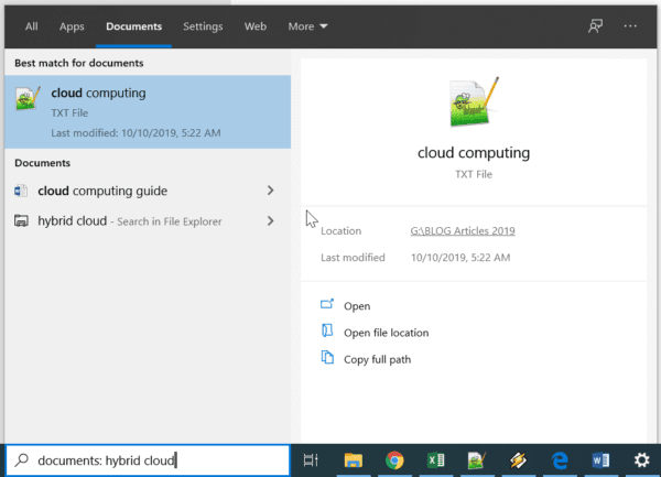 Windows 10 Search Options Documents