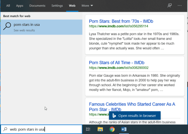 Windows 10 Web Search Results Moderate Mode