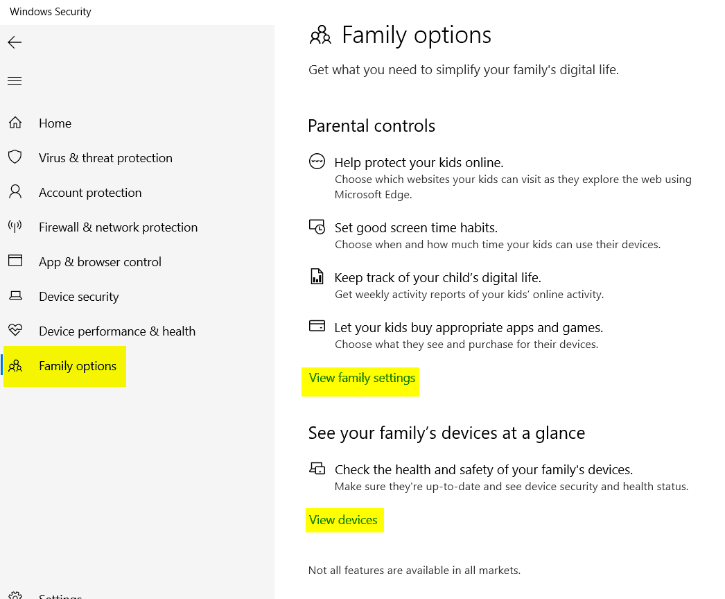 Windows Security Parental Controls Family Options