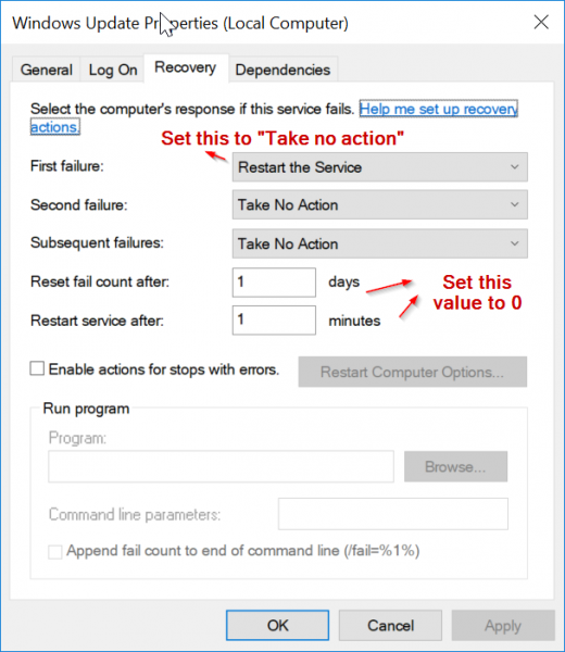 Windows 10 Update Service Recovery Properties