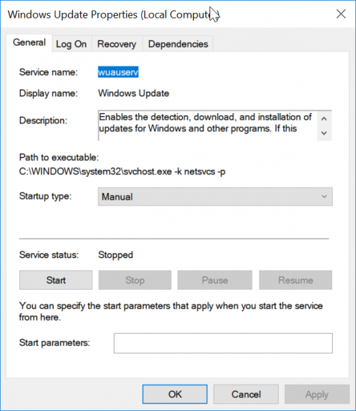 Windows Update Service Properties 10